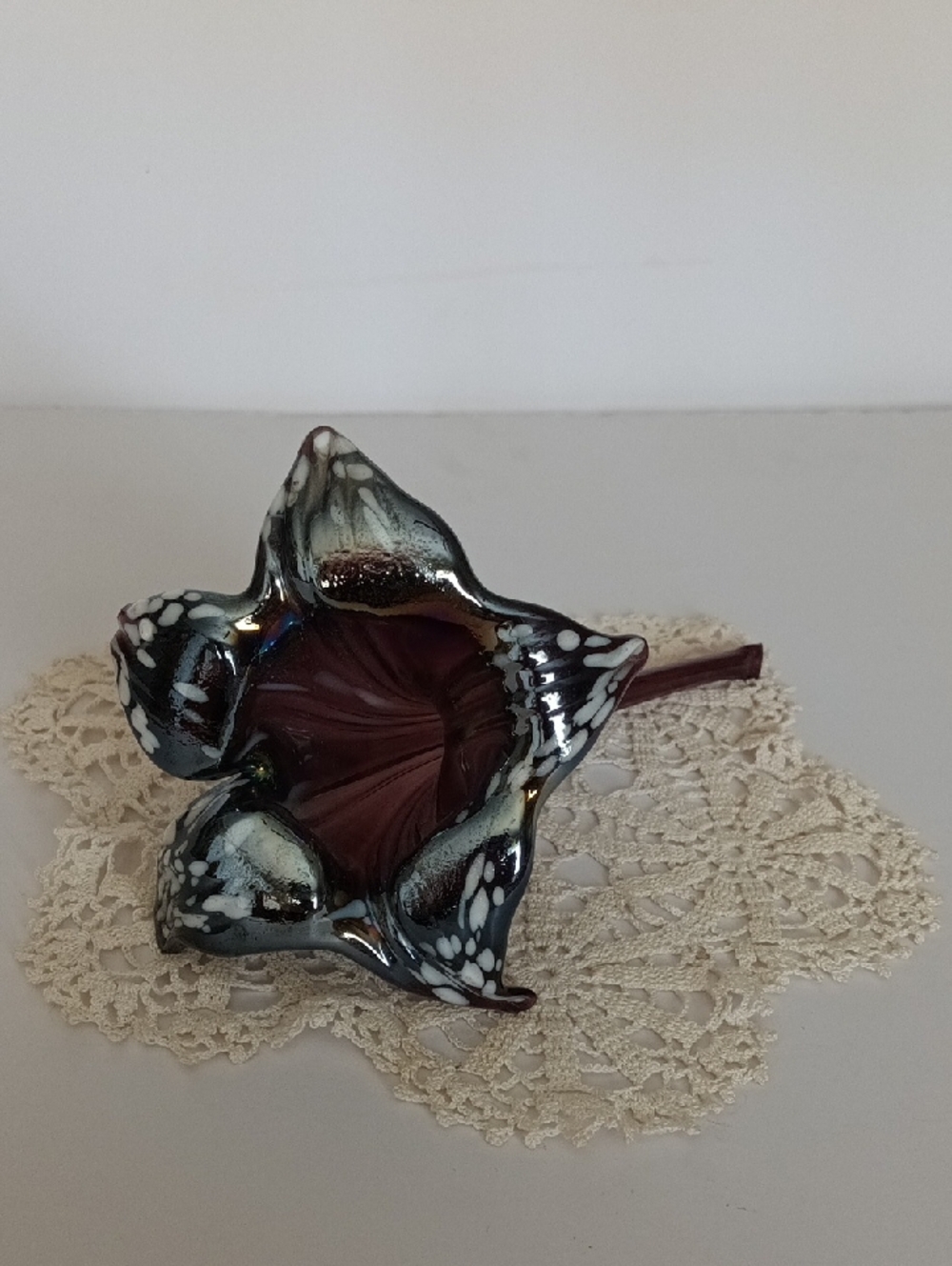 Murano Glass Flower Sculpture in Deep Plum with Black and White Accents